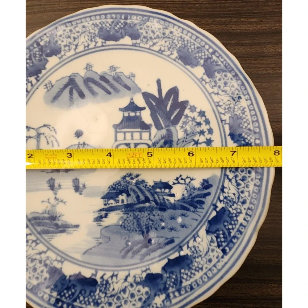 Vintage Chinese Tazza Blue Porcelain Footed Pedestal Plate Platter